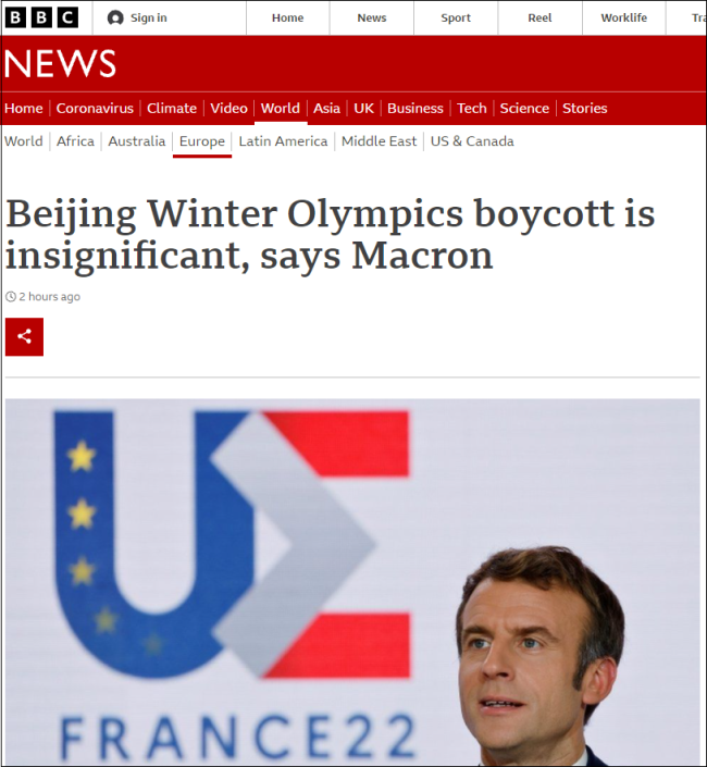 马克龙：“外交抵制”北京冬奥会只是作秀，没意义